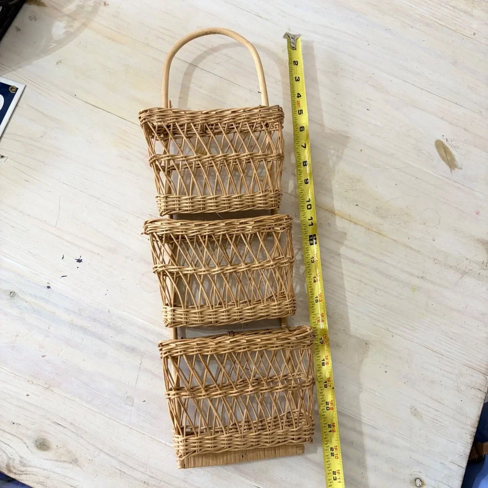 Vintage Woven Wicker 3 Tier Hanging Wall Basket Rattan Boho Mail Organizer Decor